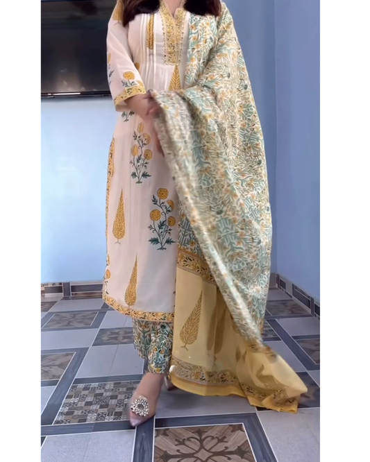 Yellow Floral Printed Kurta Set with Matching Dupatta